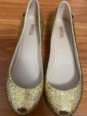 Melissa Gold Glitter Peep-Toe Ballet Flats